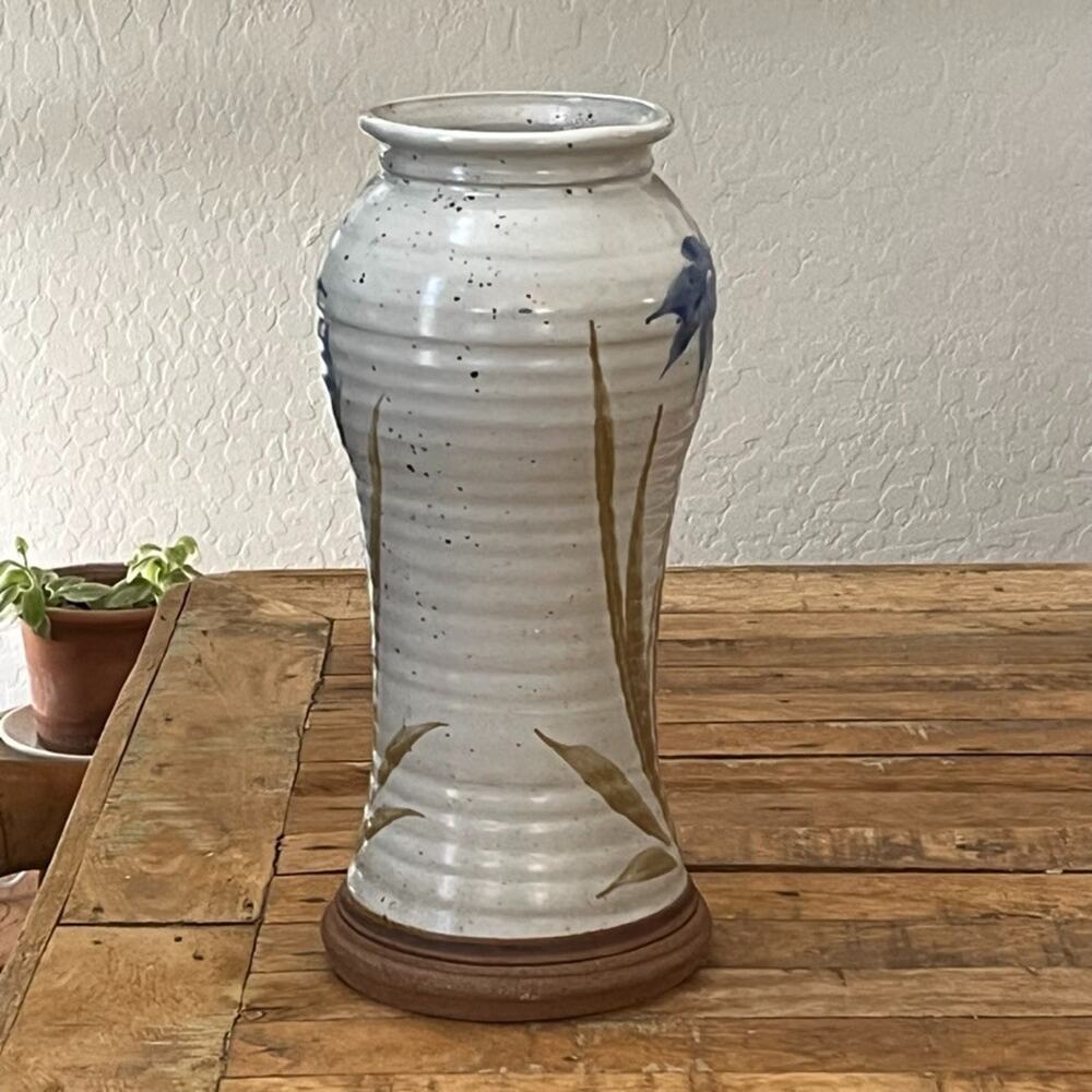 Studio Art Pottery Stoneware Vase 12.5" Ivory w/ Brown Base Painted Flower - Picture 2 of 8